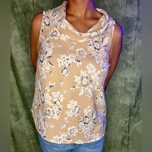 Beige Ann Taylor Floral Cowl Neck Sleevless Blouse